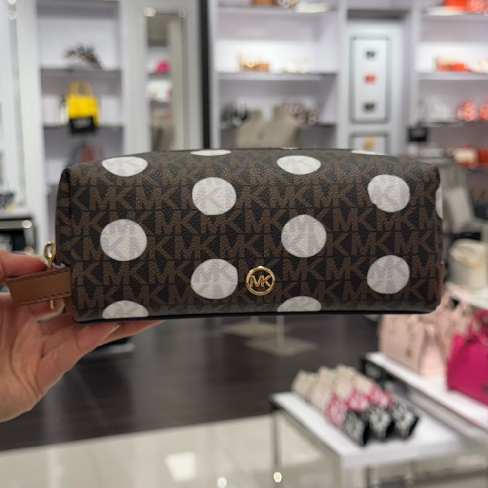 Chic Polka Dot Cosmetic Bag with Gold Logo